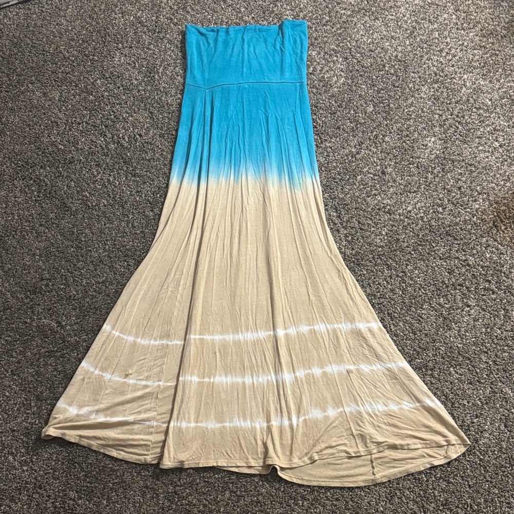 Blue and Tan Strapless Maxi Dress